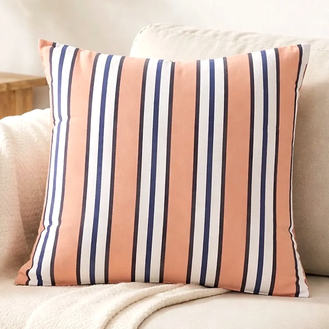Premium Cotton Cushion Cover | Coral Navy Cream Vertical Stripe