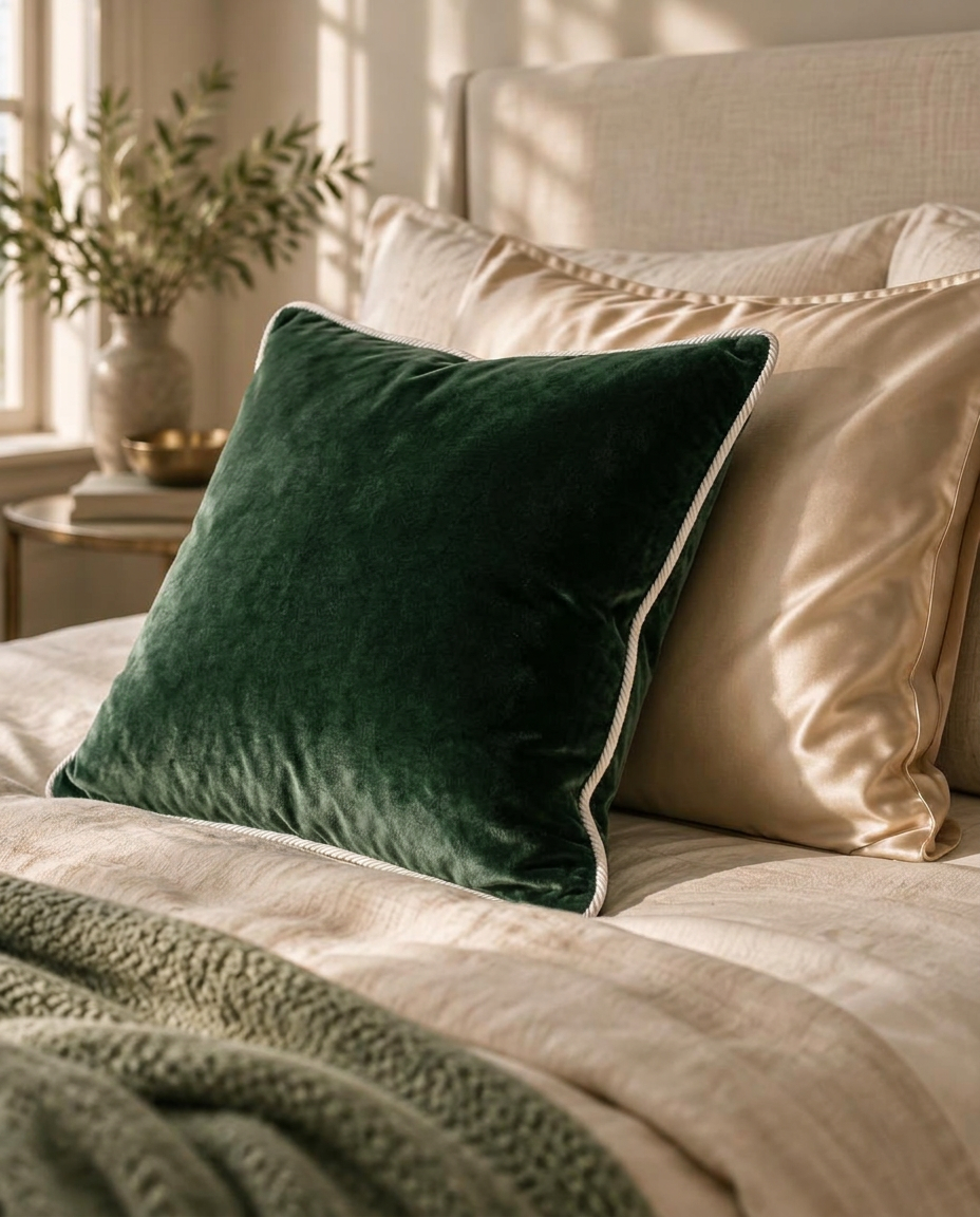 NoorRani emerald velvet cushion and champagne silk pillowcase